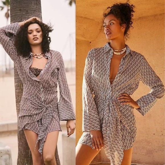 free people rillo shirt dress Free People Silky Rillo Shirtdress Orange Printed Button Front Long Sleeve  Wrap